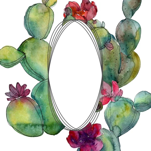 Green cacti watercolor background illustration set. Frame border ornament with copy space. — Stock Photo