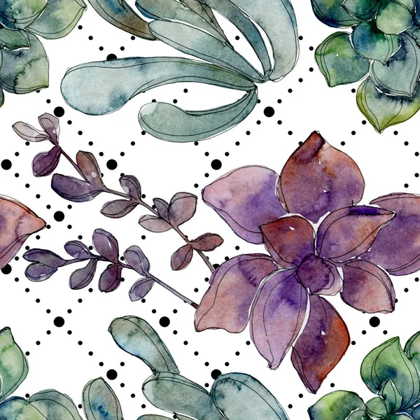 Exotic tropical hawaiian botanical succulents. Watercolor illustration set. Seamless background pattern. Fabric wallpaper print texture. — Stock Photo