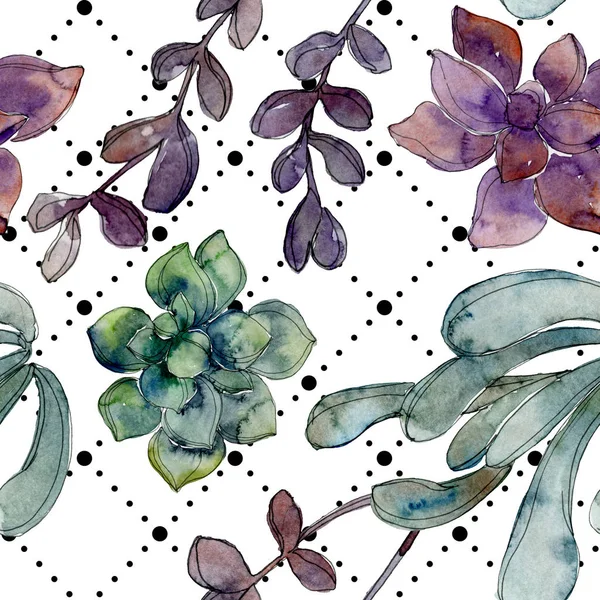 Exotic tropical hawaiian botanical succulents. Watercolor illustration set. Seamless background pattern. Fabric wallpaper print texture. — Stock Photo