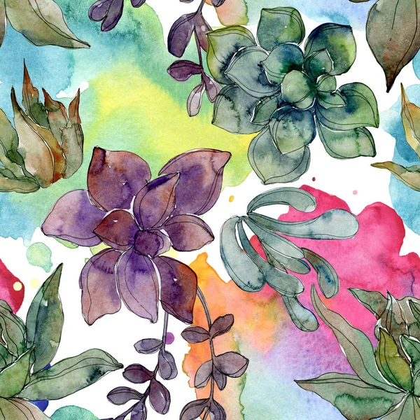 Exotic tropical hawaiian botanical succulents. Watercolor illustration set. Seamless background pattern. Fabric wallpaper print texture. — Stock Photo