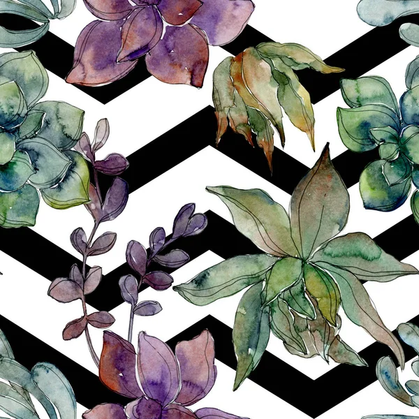 Exotic tropical hawaiian botanical succulents. Watercolor illustration set. Seamless background pattern. Fabric wallpaper print texture. — Stock Photo