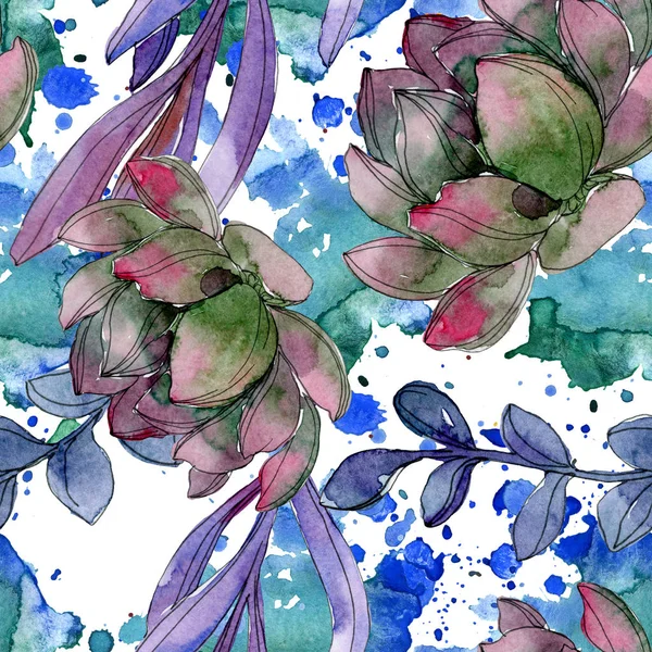 Suculenta flor botánica floral. Hoja de primavera salvaje aislada. Juego de ilustración en acuarela. Acuarela dibujo moda aquarelle. Patrón de fondo sin costuras. Textura de impresión de papel pintado de tela . - foto de stock