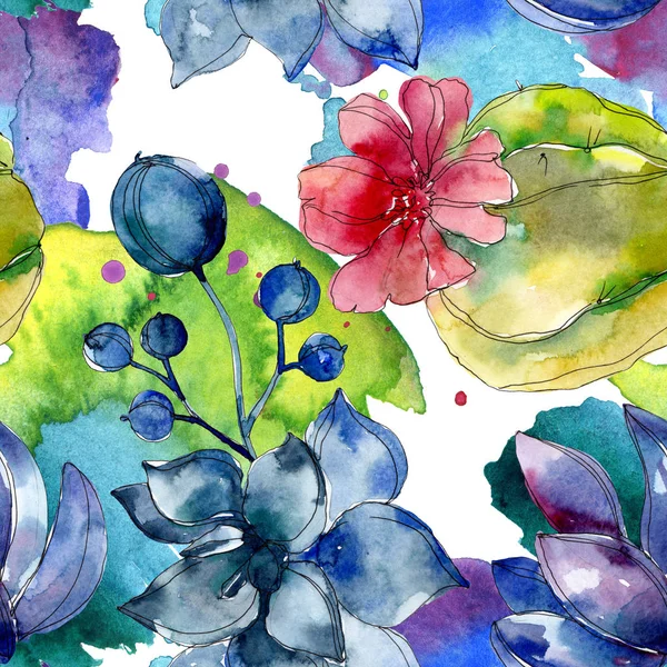 Succulent botanical flowers. Watercolor illustration set. Seamless background pattern. Fabric wallpaper print texture. — Stock Photo