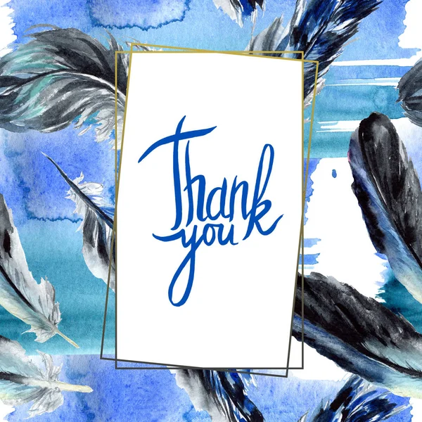 Blue and black bird feathers from wing. Watercolor background illustration set. Frame border ornament with lettering. — Stock Photo