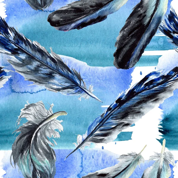 Blue and black bird feathers from wing. Watercolor background illustration set. Seamless background pattern. — Stock Photo