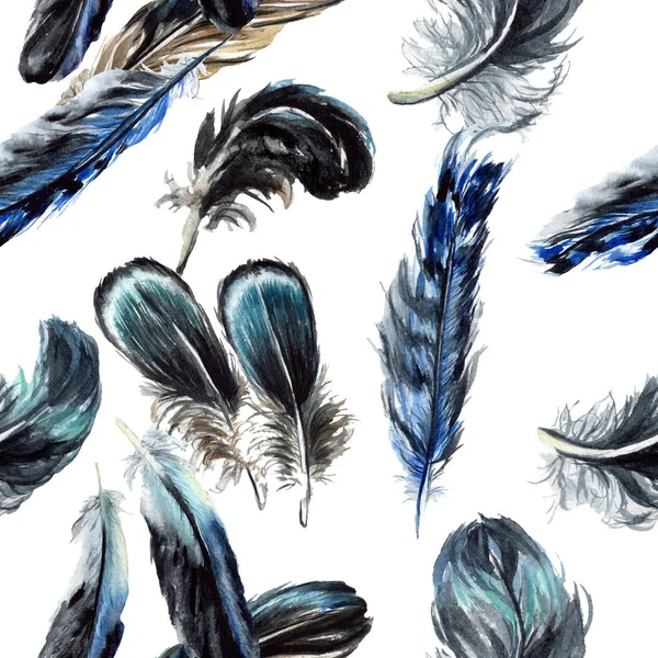 Blue and black bird feathers from wing. Watercolor background illustration set. Seamless background pattern. — Stock Photo