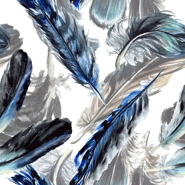 Piume di uccello blu e nero dall'ala. Acquerello sfondo illustrazione set. Modello di sfondo senza soluzione di continuità . — Foto stock