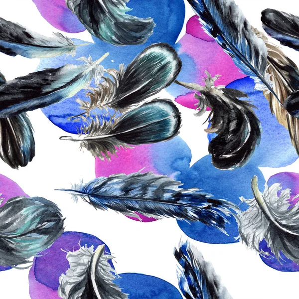 Plumes d'oiseaux bleues et noires de l'aile. Ensemble d'illustration de fond aquarelle. Modèle de fond sans couture . — Photo de stock