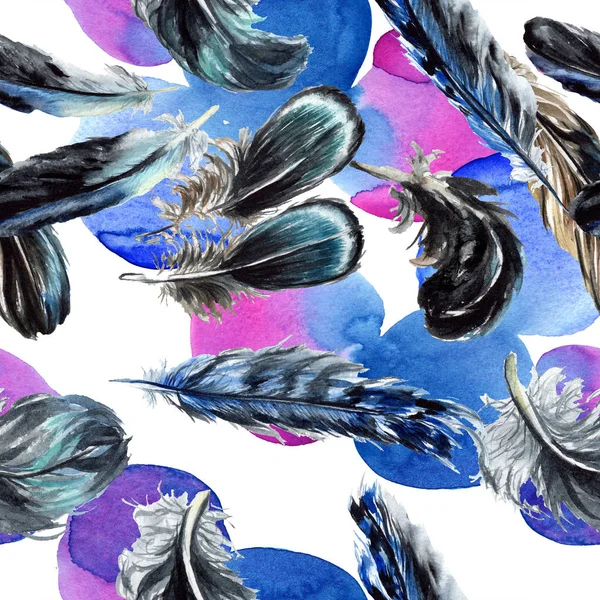 Blue and black bird feathers from wing. Watercolor background illustration set. Seamless background pattern. — Stock Photo
