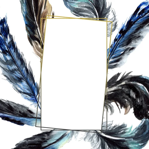 Blue and black bird feathers from wing isolated. Watercolor background illustration set. Frame border ornament with copy space. — Stock Photo