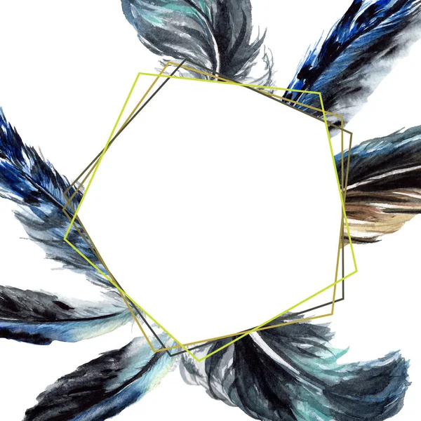 Blaue und schwarze Vogelfedern aus Flügeln isoliert. Aquarell Hintergrundillustration Set. Rahmen-Bordüre mit Kopierraum. — Stockfoto
