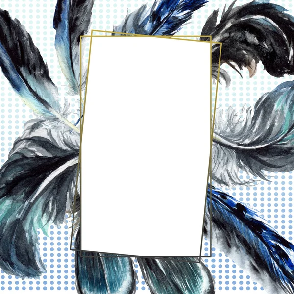 Blue and black bird feathers from wing isolated. Watercolor background illustration set. Frame border ornament with copy space. — Stock Photo