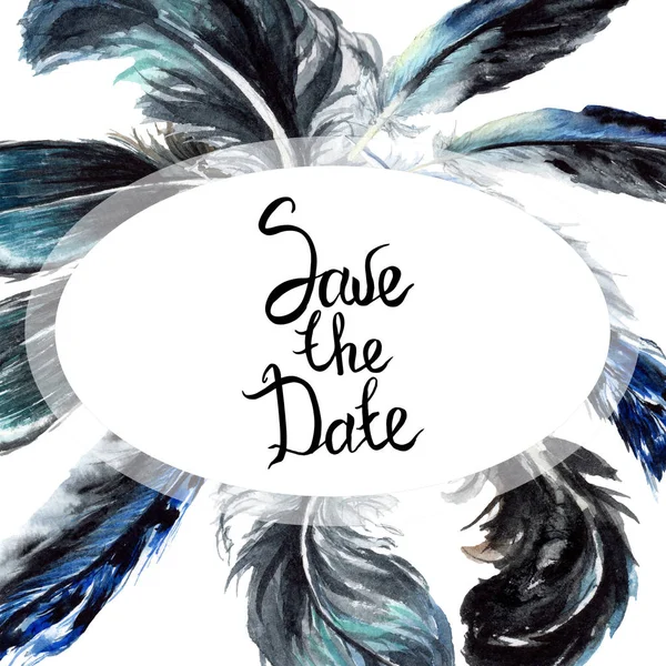 Blue and black bird feathers from wing. Watercolor background illustration set. Frame border ornament with lettering. — Stock Photo