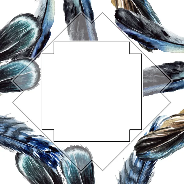 Blue and black bird feathers from wing isolated. Watercolor background illustration set. Frame border ornament with copy space. — Stock Photo