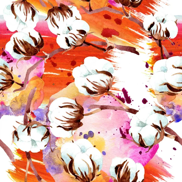 Cotton botanical flowers. Watercolor illustration set. Seamless background pattern. Fabric wallpaper print texture. — Stock Photo