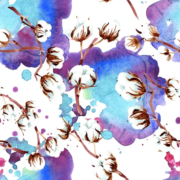 Flores botânicas de algodão. Conjunto de ilustrações aquarela. Padrão de fundo sem costura. Tecido papel de parede impressão textura . — Fotografia de Stock