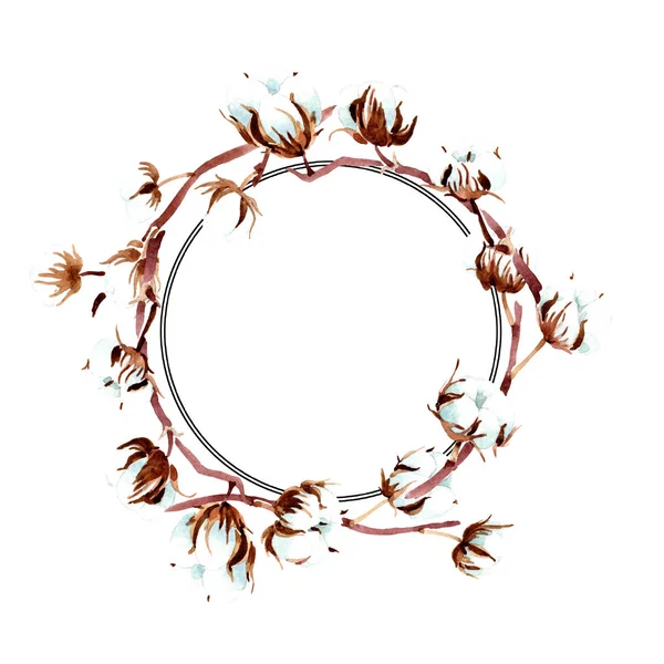 Fiori botanici di cotone. Acquerello sfondo illustrazione set. Ornamento bordo cornice . — Foto stock