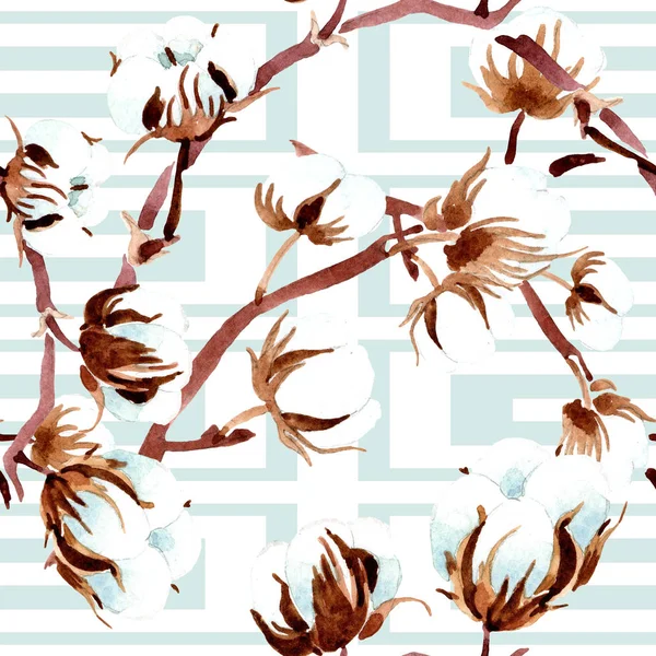 Cotton botanical flowers. Watercolor illustration set. Seamless background pattern. Fabric wallpaper print texture. — Stock Photo