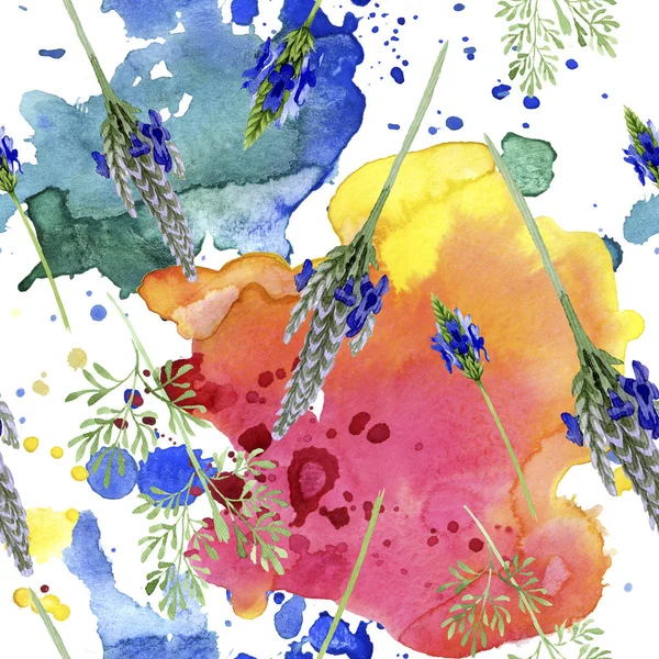 Fleur de lavande violette bleue. Feuille sauvage de printemps fleur sauvage isolée. Ensemble d'illustration aquarelle. Aquarelle dessin mode aquarelle. Modèle de fond sans couture. Texture d'impression papier peint tissu . — Photo de stock