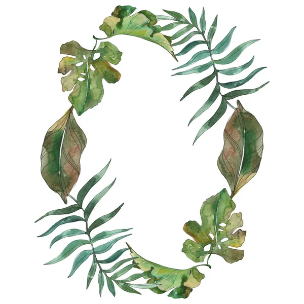 Verão tropical havaiano exótico. Folhas de palmeiras. Conjunto de ilustração de fundo aquarela. Aquarelle desenho aquarelle moda isolado. Quadro borda ornamento quadrado . — Fotografia de Stock