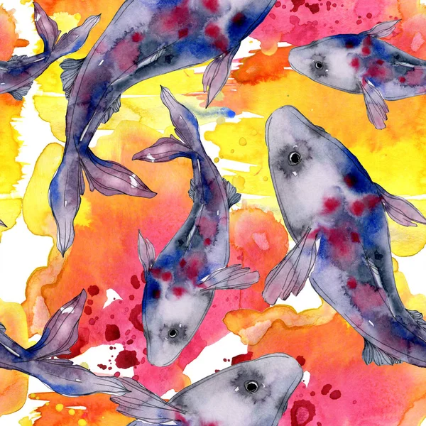 Macchiato acquatico subacqueo colorato insieme di pesci. Mare rosso e pesci esotici all'interno. Set illustrazione acquerello. Acquerello disegno moda acquerello. Modello di sfondo senza soluzione di continuità. Tessuto carta da parati stampa . — Foto stock