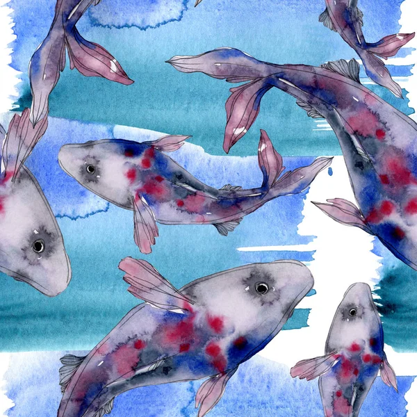 Macchiato acquatico subacqueo colorato insieme di pesci. Mare rosso e pesci esotici all'interno. Set illustrazione acquerello. Acquerello disegno moda acquerello. Modello di sfondo senza soluzione di continuità. Tessuto carta da parati stampa . — Foto stock