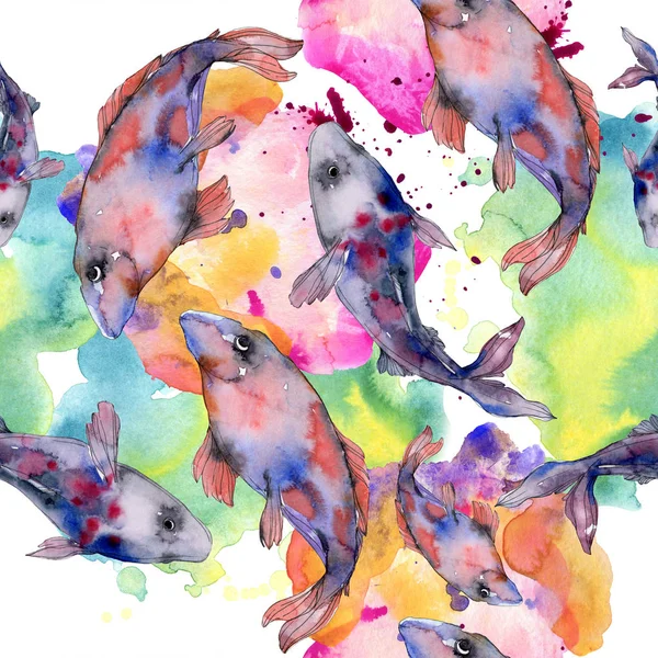 Manchado acuático bajo el agua conjunto de peces de colores. Mar Rojo y peces exóticos dentro. Juego de ilustración en acuarela. Acuarela dibujo moda aquarelle. Patrón de fondo sin costuras. Tela papel pintado impresión . - foto de stock