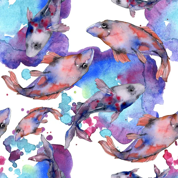 Manchado acuático bajo el agua conjunto de peces de colores. Mar Rojo y peces exóticos dentro. Juego de ilustración en acuarela. Acuarela dibujo moda aquarelle. Patrón de fondo sin costuras. Tela papel pintado impresión . - foto de stock