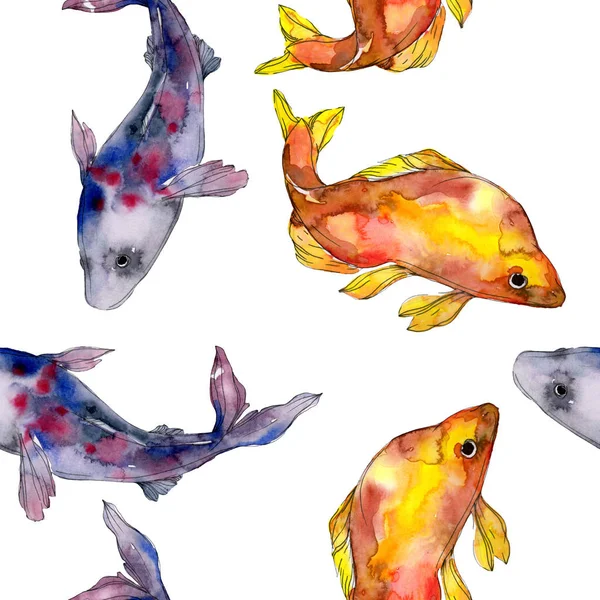 Gefleckte aquatische Unterwasser bunte Fische Set. Rotes Meer und exotische Fische im Inneren. Aquarell-Illustrationsset vorhanden. Aquarell zeichnen Mode-Aquarell. nahtlose Hintergrundmuster. Stofftapete drucken. — Stockfoto