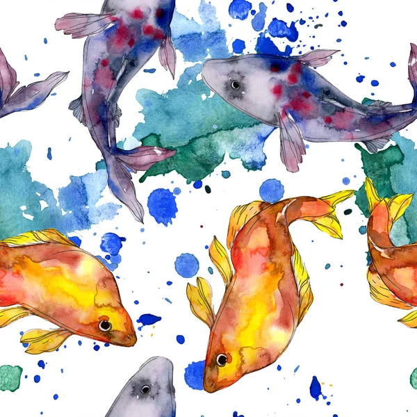 Ensemble de poissons aquatiques colorés sous-marins tachetés. Mer Rouge et poissons exotiques à l'intérieur. Ensemble d'illustration aquarelle. Aquarelle dessin mode aquarelle. Modèle de fond sans couture. Impression de papier peint tissu . — Photo de stock