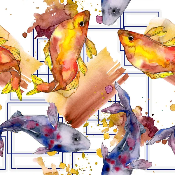 Ensemble de poissons aquatiques colorés sous-marins tachetés. Mer Rouge et poissons exotiques à l'intérieur. Ensemble d'illustration aquarelle. Aquarelle dessin mode aquarelle. Modèle de fond sans couture. Impression de papier peint tissu . — Photo de stock