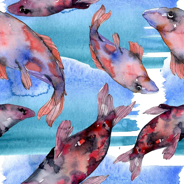 Gefleckte aquatische Unterwasser bunte Fische Set. Rotes Meer und exotische Fische im Inneren. Aquarell-Illustrationsset vorhanden. Aquarell zeichnen Mode-Aquarell. nahtlose Hintergrundmuster. Stofftapete drucken. — Stockfoto