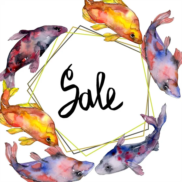 Spotted aquatic underwater colorful fish set. Red sea and exotic fishes inside. Watercolor background illustration set. Watercolour drawing fashion aquarelle isolated. Frame border ornament square. — Stock Photo