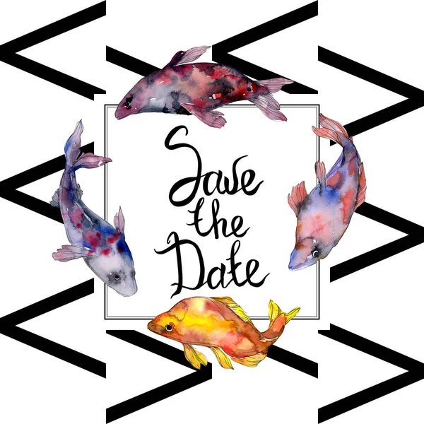 Spotted aquatic underwater colorful fish set. Red sea and exotic fishes inside. Watercolor background illustration set. Watercolour drawing fashion aquarelle isolated. Frame border ornament square. — Stock Photo