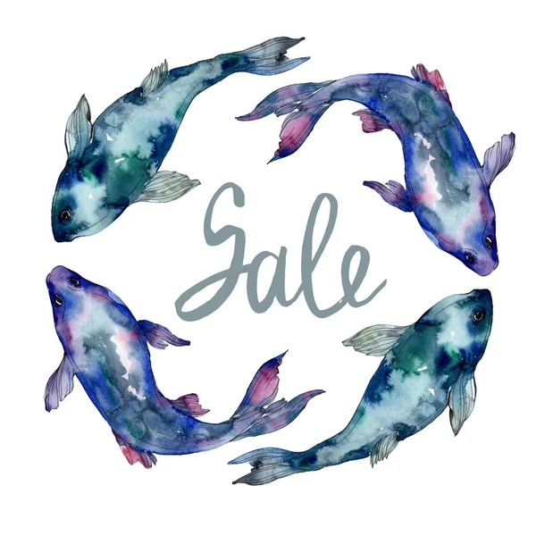 Spotted aquatic underwater colorful fish set. Red sea and exotic fishes inside. Watercolor background illustration set. Watercolour drawing fashion aquarelle isolated. Frame border ornament square. — Stock Photo