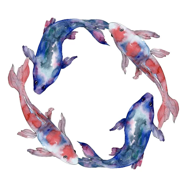 Gefleckte aquatische Unterwasser bunte Fische Set. Rotes Meer und exotische Fische im Inneren. Aquarell Hintergrundillustration Set. Aquarellzeichnung Modeaquarell isoliert. Rahmen Rand Ornament Quadrat. — Stockfoto