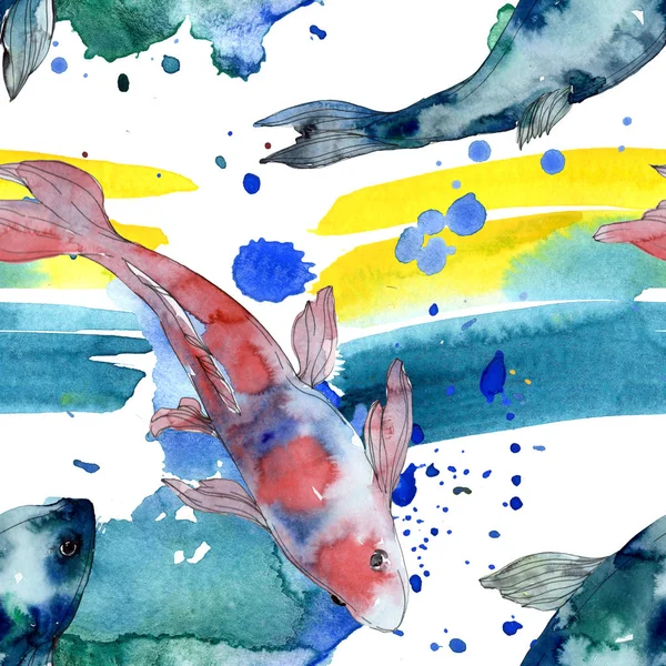 Gefleckte aquatische Unterwasser bunte Fische Set. Rotes Meer und exotische Fische im Inneren. Aquarell-Illustrationsset vorhanden. Aquarell zeichnen Mode-Aquarell. nahtlose Hintergrundmuster. Stofftapete drucken. — Stockfoto