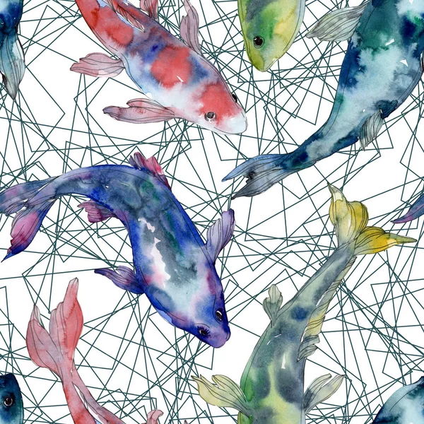Spotted aquatic underwater colorful fish set. Red sea and exotic fishes inside. Watercolor illustration set. Watercolour drawing fashion aquarelle. Seamless background pattern. Fabric wallpaper print. — Stock Photo