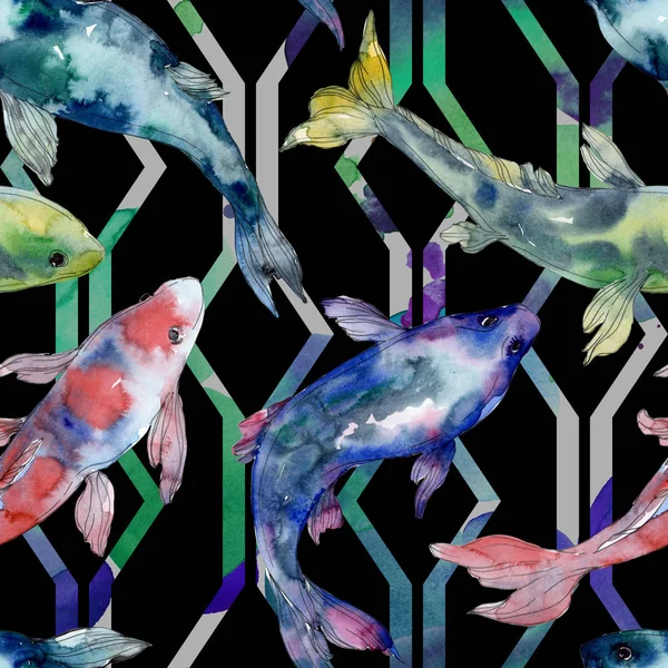 Spotted aquatic underwater colorful fish set. Red sea and exotic fishes inside. Watercolor illustration set. Watercolour drawing fashion aquarelle. Seamless background pattern. Fabric wallpaper print. — Stock Photo