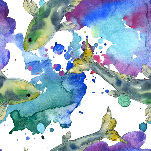 Spotted aquatic underwater colorful fish set. Red sea and exotic fishes inside. Watercolor illustration set. Watercolour drawing fashion aquarelle. Seamless background pattern. Fabric wallpaper print. — Stock Photo