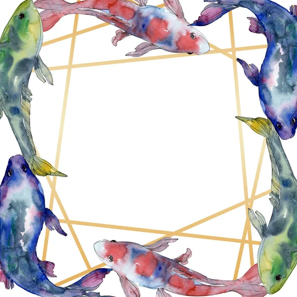 Manchado acuático bajo el agua conjunto de peces de colores. Mar Rojo y peces exóticos dentro. Conjunto de ilustración de fondo acuarela. Acuarela dibujo moda acuarela aislado. Marco borde ornamento cuadrado . - foto de stock