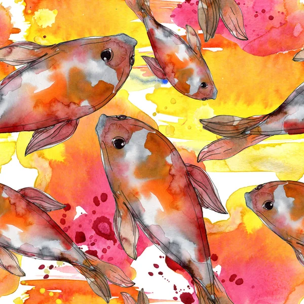 Wasserfisch-Set vorhanden. Rotes Meer und exotische Fische darin: Goldfische. Aquarell-Illustrationsset vorhanden. Aquarell zeichnen Mode-Aquarell. nahtlose Hintergrundmuster. Stoff Tapete drucken Textur. — Stockfoto