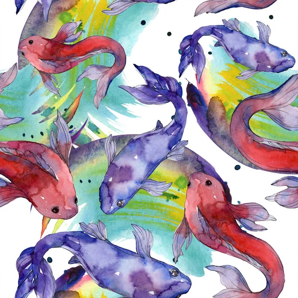 Juego de peces acuáticos. Mar Rojo y peces exóticos en su interior: Goldfish. Juego de ilustración en acuarela. Acuarela dibujo moda aquarelle. Patrón de fondo sin costuras. Textura de impresión de papel pintado de tela . - foto de stock