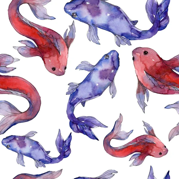 Водный набор рыб. Красное море и экзотические рыбы внутри: Золотая рыбка. Набор акварельных рисунков. Акварель для рисования акварелью. Бесшовный рисунок фона. Текстура ткани для печати обоев . — стоковое фото