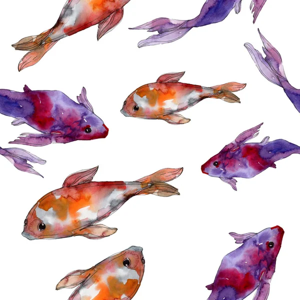 Wasserfisch-Set vorhanden. Rotes Meer und exotische Fische darin: Goldfische. Aquarell-Illustrationsset vorhanden. Aquarell zeichnen Mode-Aquarell. nahtlose Hintergrundmuster. Stoff Tapete drucken Textur. — Stockfoto