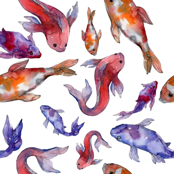 Aquatic fish set. Red sea and exotic fishes inside: Goldfish. Watercolor illustration set. Watercolour drawing fashion aquarelle. Seamless background pattern. Fabric wallpaper print texture. — Stock Photo