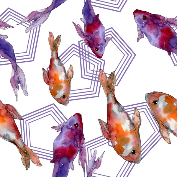 Aquatic fish set. Red sea and exotic fishes inside: Goldfish. Watercolor illustration set. Watercolour drawing fashion aquarelle. Seamless background pattern. Fabric wallpaper print texture. — Stock Photo