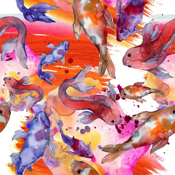 Peixes aquáticos. Mar vermelho e peixes exóticos dentro: Goldfish. Conjunto de ilustrações aquarela. Aquarelle desenho aquarelle moda. Padrão de fundo sem costura. Tecido papel de parede impressão textura . — Fotografia de Stock