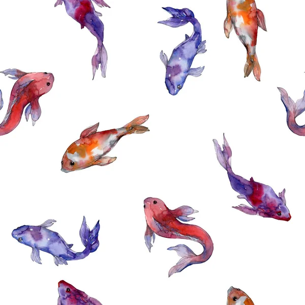 Aquatic fish set. Red sea and exotic fishes inside: Goldfish. Watercolor illustration set. Watercolour drawing fashion aquarelle. Seamless background pattern. Fabric wallpaper print texture. — Stock Photo