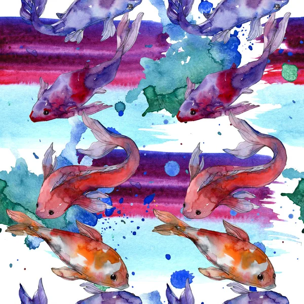 Aquatic fish set. Red sea and exotic fishes inside: Goldfish. Watercolor illustration set. Watercolour drawing fashion aquarelle. Seamless background pattern. Fabric wallpaper print texture. — Stock Photo